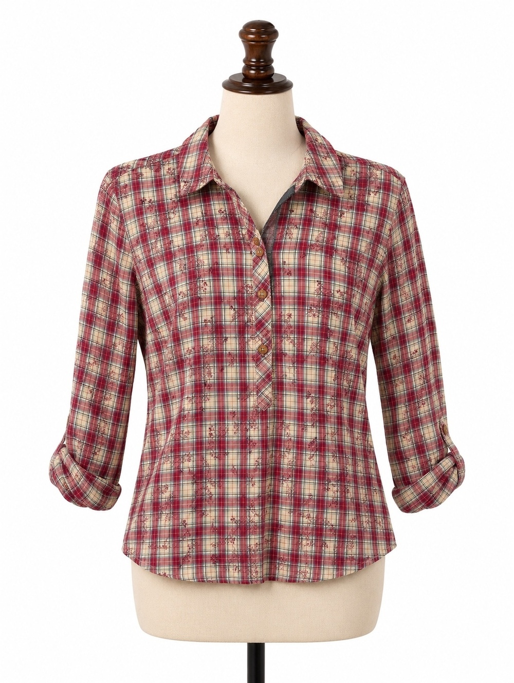 Orvis Plaid Floral Button Front Tunic Top Size M 100% Cotton Fall Cottagecore